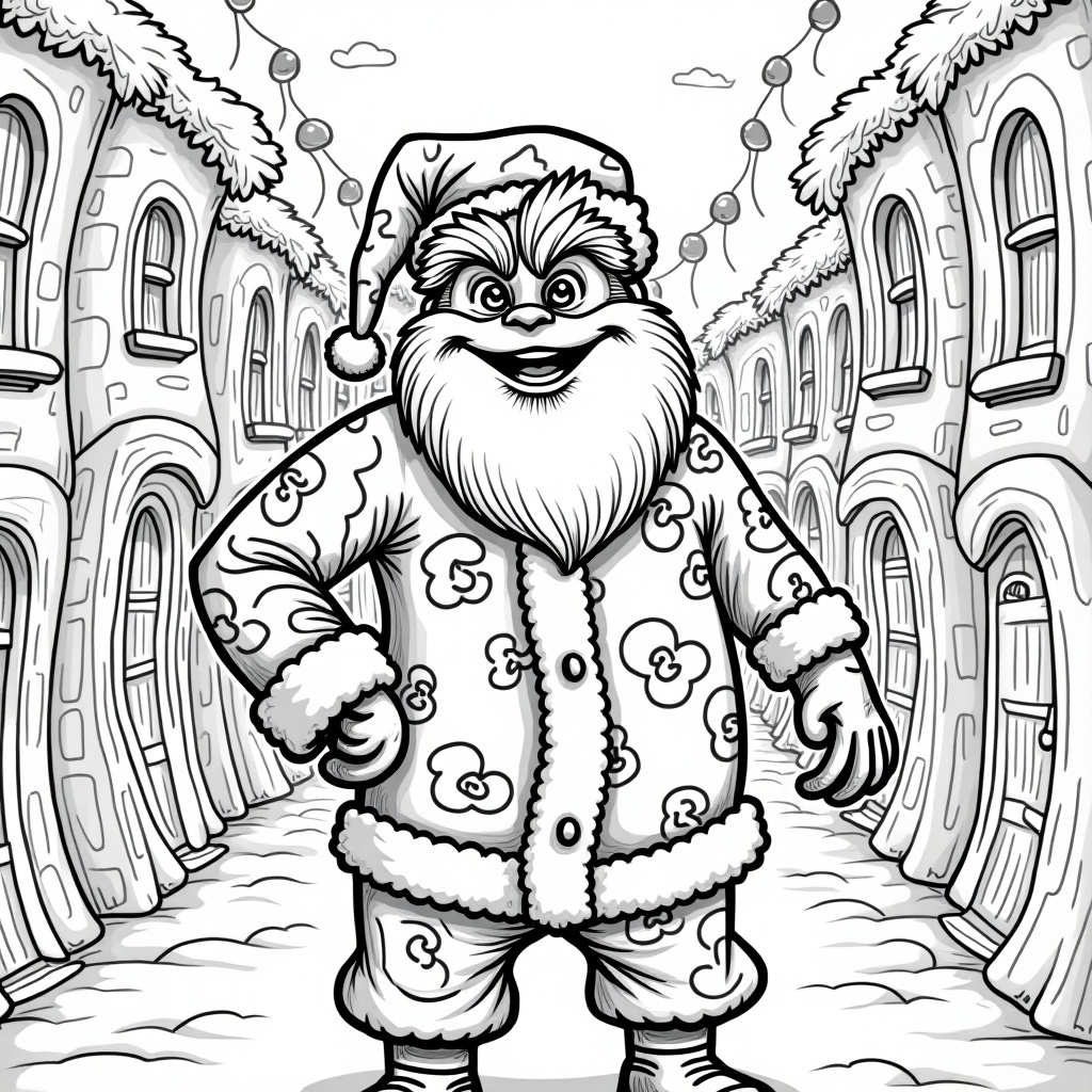 Santa Claus as a Whoville character from The Grinch. Detailed coloring outline illustration. Santa wearing a festive coat and hat. Whimsical buildings in background.