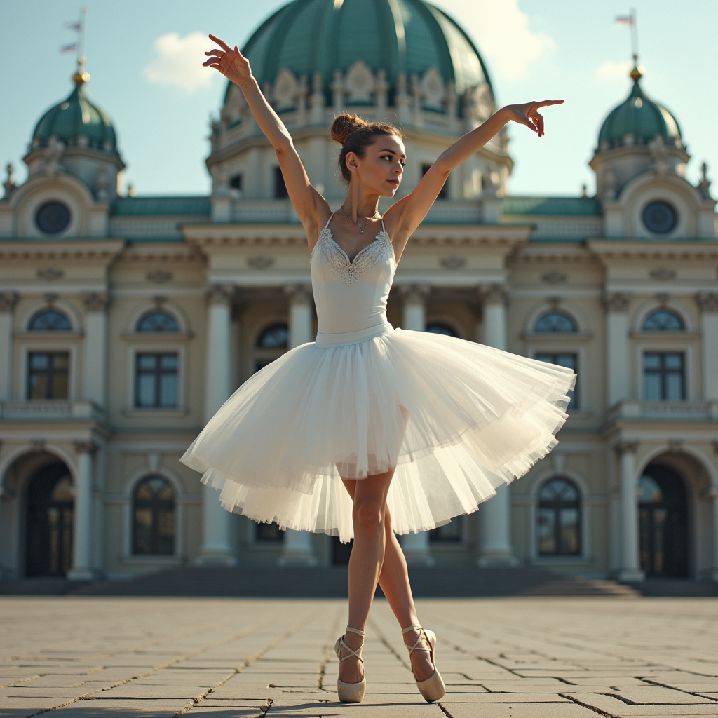 A graceful ballerina poses in a tutu in front of a grand, historic building.