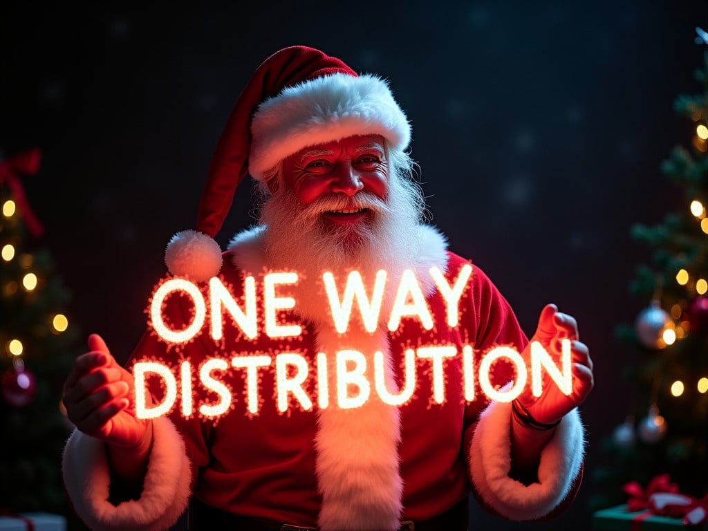 Santa Claus in a traditional red and white suit holds a glowing text that reads 'One Way Distribution'. The scene captures joy and holiday spirit. The dark background enhances the brightness of the glowing letters. Jolly expression reflects Christmas magic.