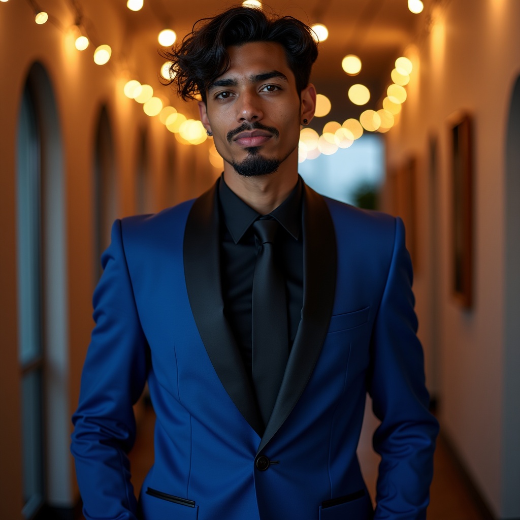 Aesthetic full-body shot of a mixed race man in a sapphire blue and black suit. Background is a scenic hallway with ambient string lights. The lighting is soft and warm. The model has black hair and a goatee. Visual dynamics are emphasized in a contemporary urban setting.