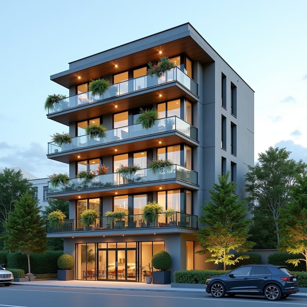 Image of a modern 4-floor building showcasing a commercial shop on the ground floor and residential apartments above. Balconies decorated with greenery and large glass windows highlight the structure's design. The building promotes foot traffic and accessibility, blending nature with contemporary style. Car parking is available underground.