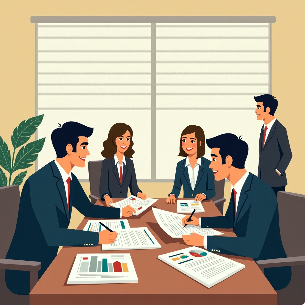 Group of financial professionals in a meeting. Discussing trust services documents. Various reports and charts on the table. Bright office environment. Individuals wear suits and ties. Focus on teamwork and collaboration.