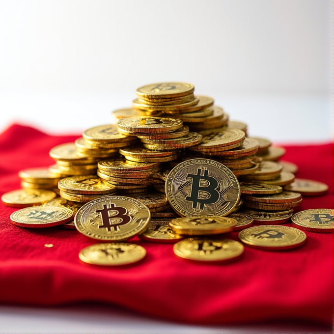 A pile of gold-colored Bitcoin coins arranged on a red cloth.