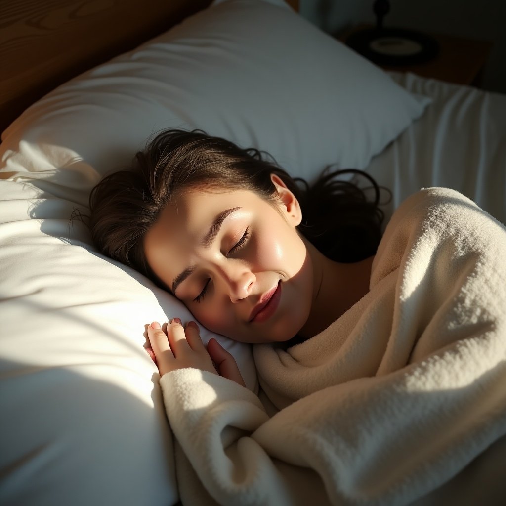 A serene image depicting a woman peacefully sleeping on a bed. Soft morning light casts gentle shadows across the scene, highlighting tranquility. The woman is nestled under a cozy blanket, conveying warmth and calm.