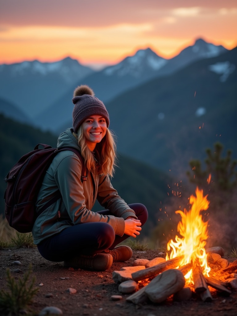 A young woman enjoys a campfire on a mountain. She wears a warm beanie and carries a backpack. The sunset creates a vibrant background. The atmosphere is peaceful and inviting.