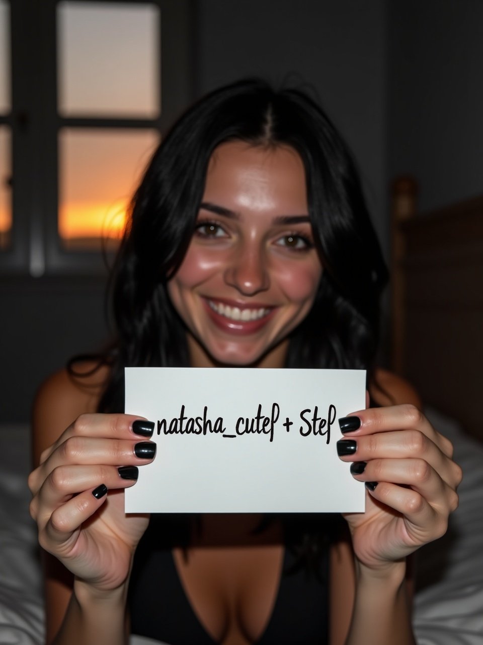 A young woman with black hair sitting in a dark bedroom. She holds a piece of paper with the names written on it. The woman smiles playfully with black polished nails. The sunset creates a warm and inviting space.