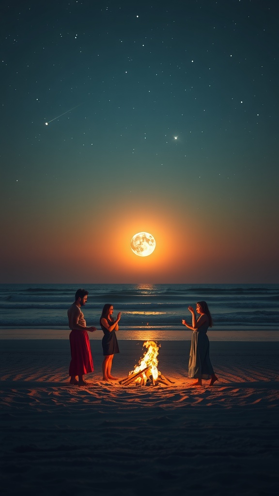 Three people stand around a brightly burning bonfire on a sandy beach under a stunning night sky. A large full moon is rising on the horizon, casting an illuminating glow across the ocean waves. Stars and a faint comet add to the breathtaking celestial backdrop, creating an atmosphere of awe and serenity.