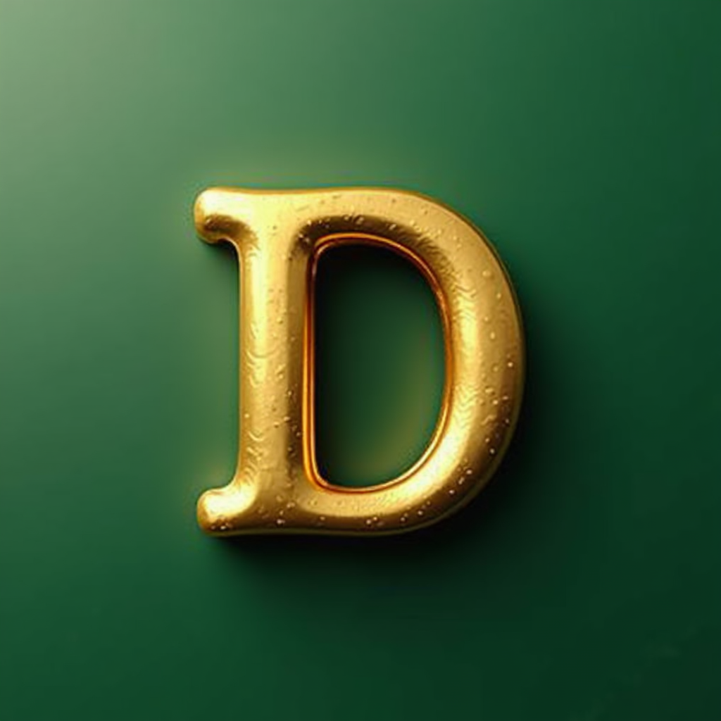 A shiny, golden letter D is set against a green background.