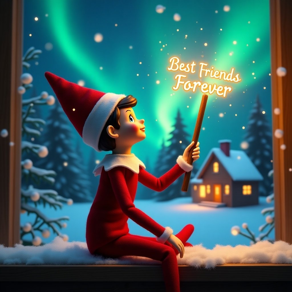 Elf on the shelf sits looking up. Elf holds glowing wand. Northern lights illuminate the scene. Cozy house visible in background. Snow covers the ground. Magic of Christmas is felt. Phrase 'Best Friends Forever' appears.