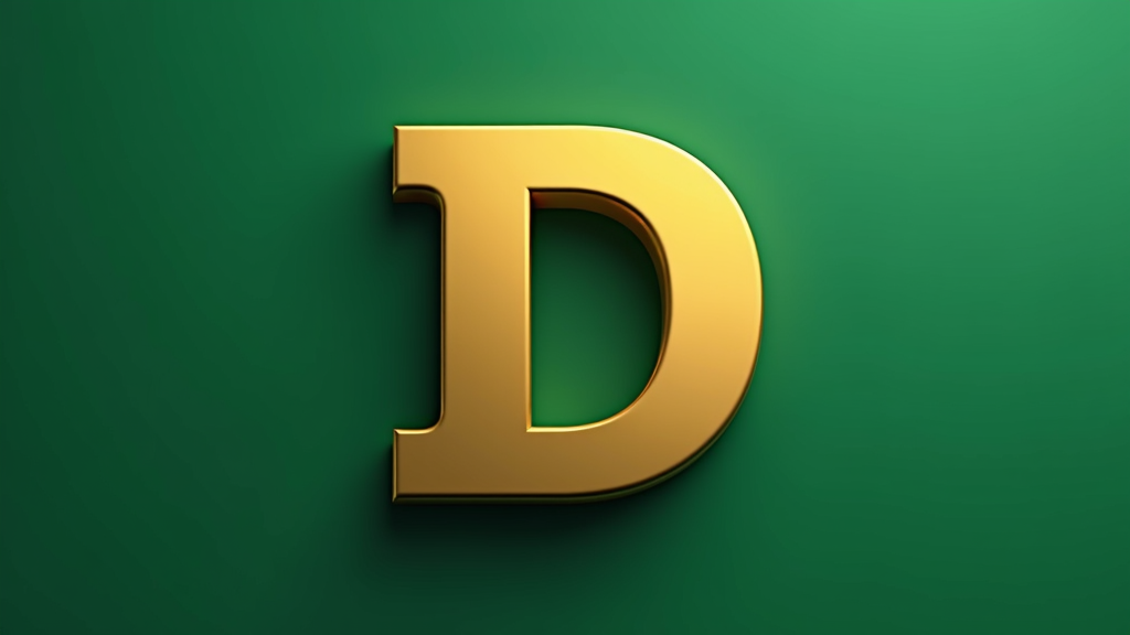 A large, gold letter 'D' with a reflective sheen stands prominently against a rich emerald green background.