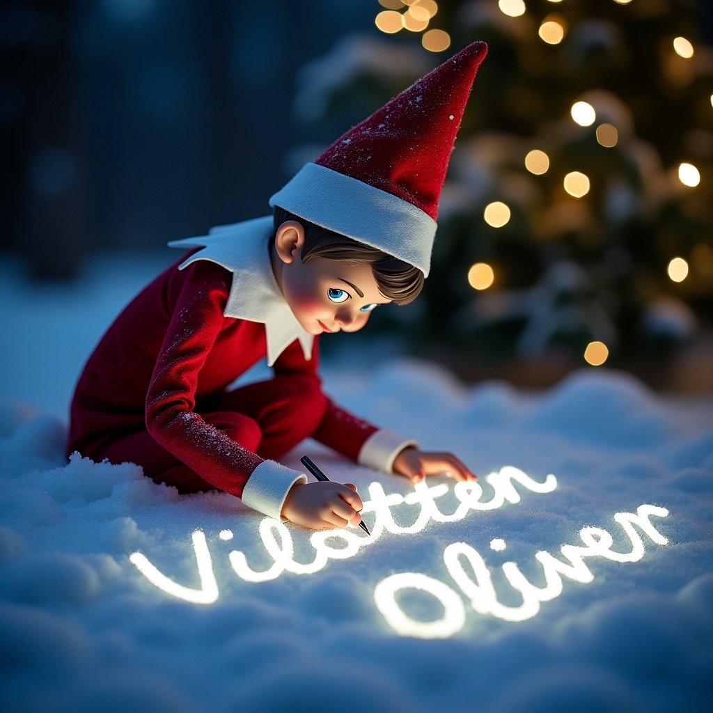 Elf on the shelf writes names in snow using lights. Names appear in cursive style. Snowy setting with twinkling lights. Child-like wonder and Christmas spirit present.