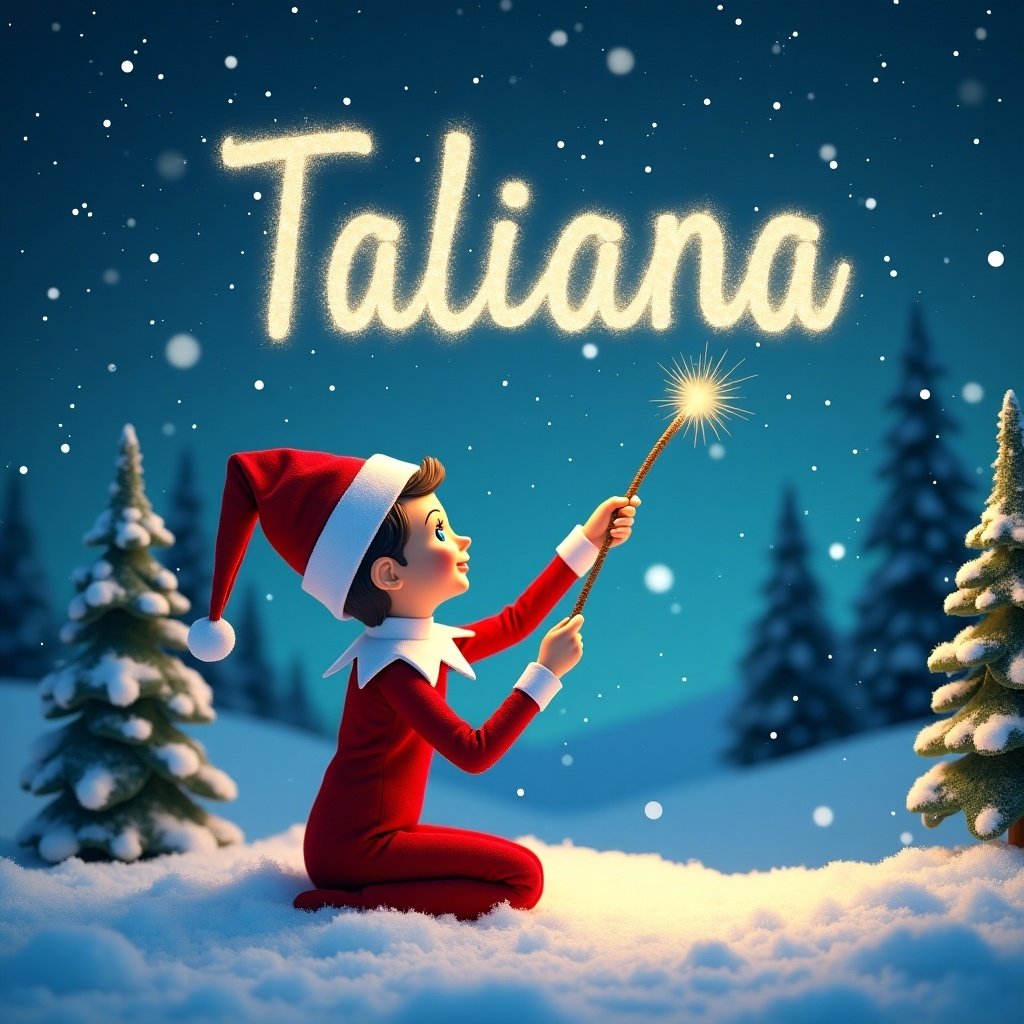 Elf on the shelf sits on snow. Scene in Santa's village. Sky filled with stars. Elf uses magical wand to write names. Winter wonderland with snow and evergreen trees. Name 'Taliana' written in sparkling light above.