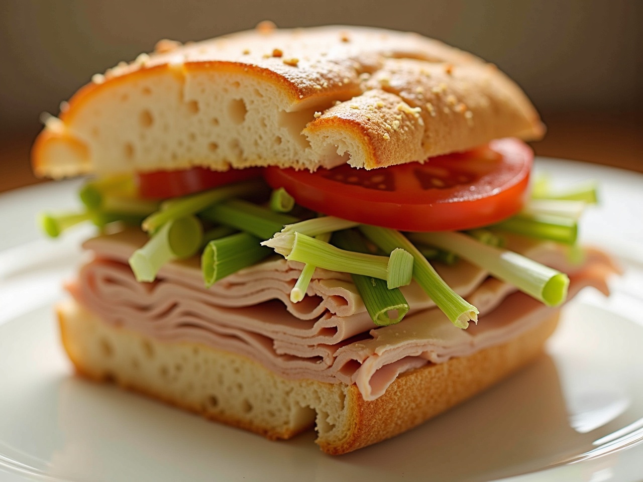 This image showcases a beautifully arranged open sandwich featuring layers of turkey, accompanied by fresh spring onions and ripe tomato slices. The sandwich is presented on a simple white plate, emphasizing its colorful ingredients. The bread is golden and crusty, adding a rustic charm to the dish. Ideal for anyone looking for a quick and healthy meal option, this open sandwich highlights the freshness of each ingredient. Perfect for food lovers and culinary enthusiasts alike, this sandwich is a delightful representation of simple, tasty cuisine.