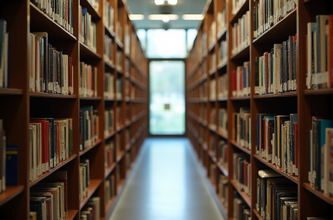 A long, quiet aisle between library bookshelves filled with a variety of books, leading to a window at the end.