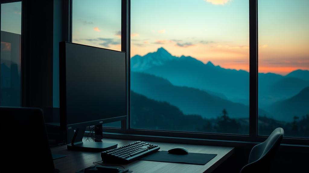 A desk with a computer in front of a window showing a scenic mountain view at sunset.