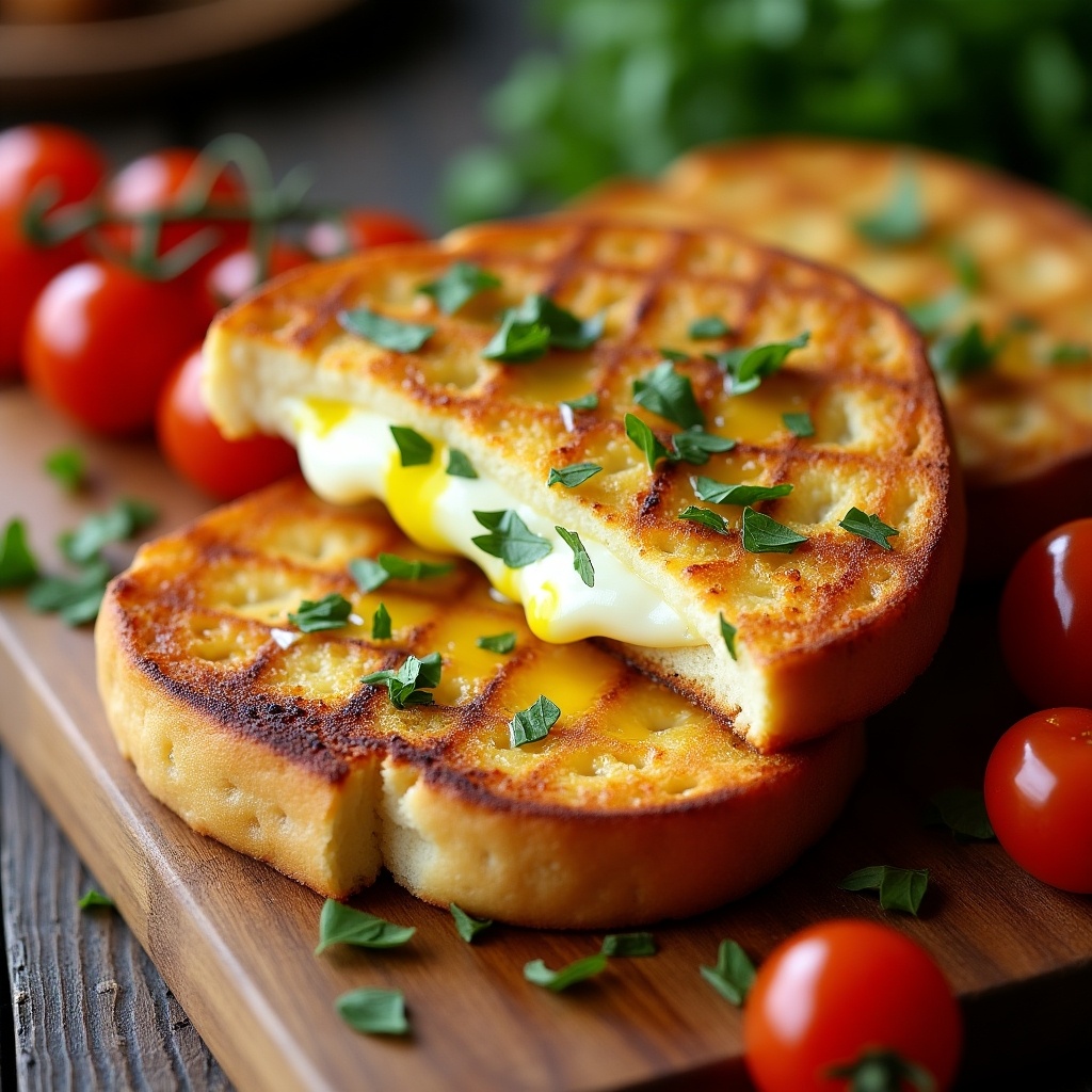 This image features two slices of golden-brown halloumi and cheese toast, beautifully toasted to perfection. The cheese is melted and oozes out from the center, inviting viewers with its delicious appeal. Fresh herbs sprinkle on top add a pop of color and freshness. Surrounding the toast are vibrant cherry tomatoes, adding a hint of sweetness and color contrast. This dish is perfect for a quick snack or a delightful appetizer, showcasing flavors and textures that are satisfying.