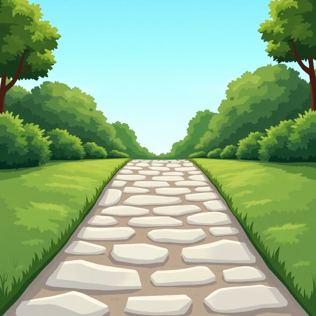 Illustration showing a stone walkway within a lush green landscape. The pathway is surrounded by trees and grass under a clear blue sky. Design emphasizes the walkway's structure and natural setting.