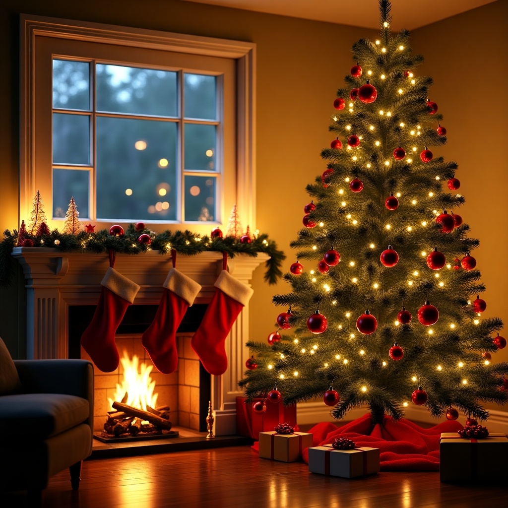 Holiday scene with decorated Christmas tree glowing with lights located in a cozy living room. Stockings hang from a fireplace. Presents sit under the tree on a warm rug.