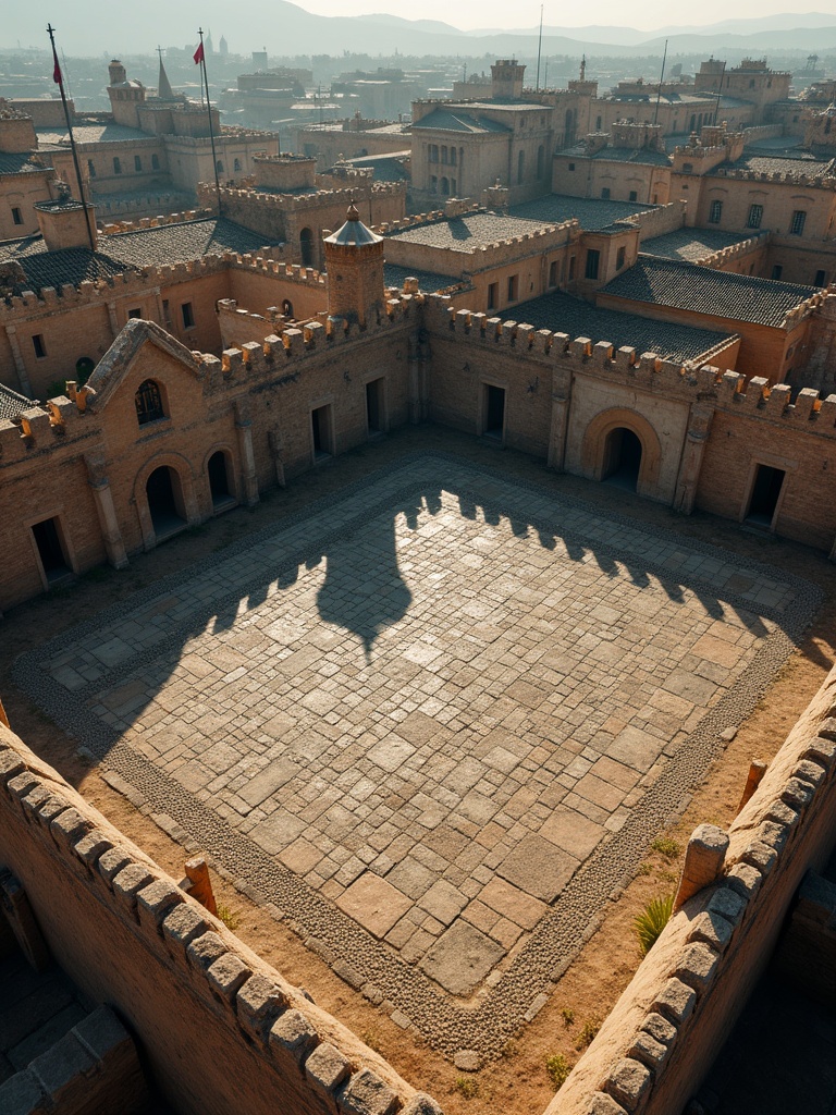 Overview of a medieval battle arena showcasing a square tiled floor. The arena has surrounding fortress walls. Shadow of the walls cast on the floor. Architecture reflects medieval times. Suitable for historical interpretation and exploration.