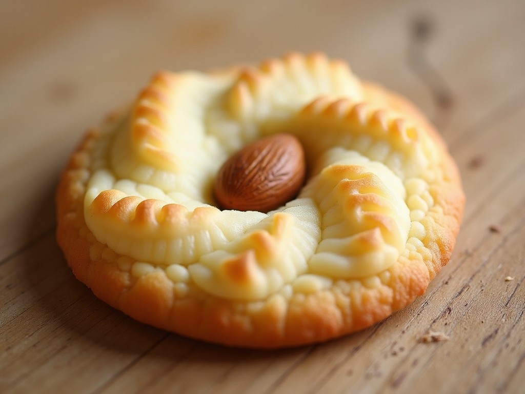 A close-up image of a beautifully decorated cookie with an almond in the center, set on a wooden surface, captured in soft natural lighting.