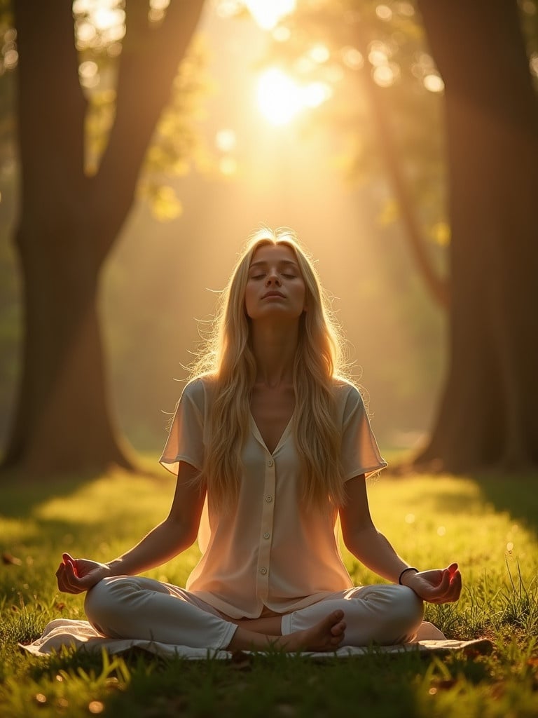 A young woman sits in a yoga pose amidst a park. Towering trees create a tranquil atmosphere. Eyes are closed in contemplation. Warm golden light emanates from above. Transparent celestial gels create an ethereal ambiance. The scene is inspired by meditation's mystical world. A testament to the beauty of the human spirit. Composition is balanced, adhering to the law of thirds. Harmony and visual equilibrium are evident.