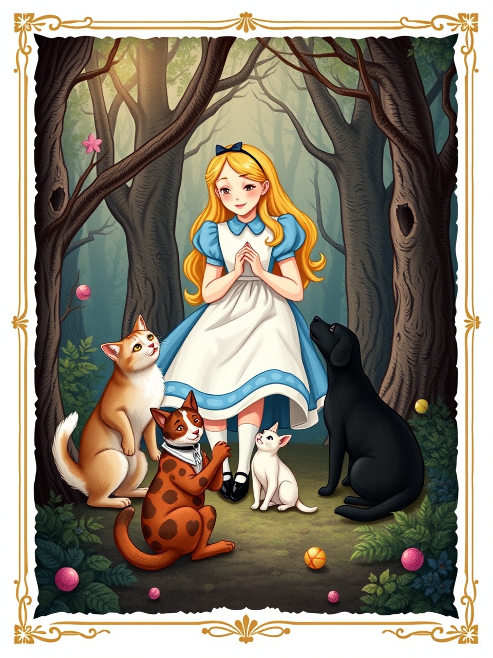 A charming illustration of a girl in a blue dress with animals around her in a forest setting, reminiscent of a classic children's storybook.