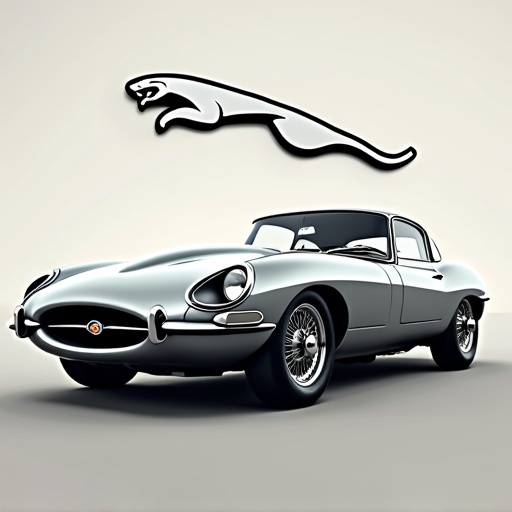 Dynamic depiction of a silver Jaguar E-Type sports car with a highlighted logo. Showcase the sleek lines and elegant design of the car. Capture the spirit of speed and luxury.