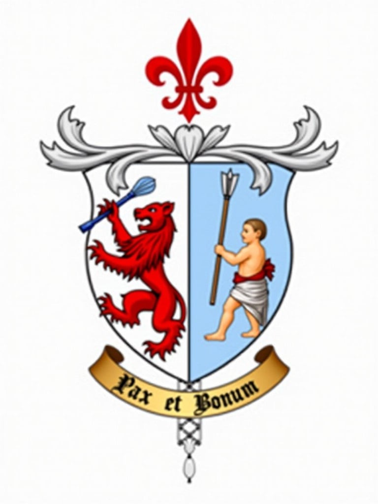 Coat of arms design with heraldic elements. The shield is quartered. Upper left and lower right in white. Upper right and lower left in light blue. Displays red lion rampant holding a broken blue arrow. Features a child wrapped in white and red cloth. Above is a red fleur-de-lis. Below is a ribbon with the motto Pax et Bonum.