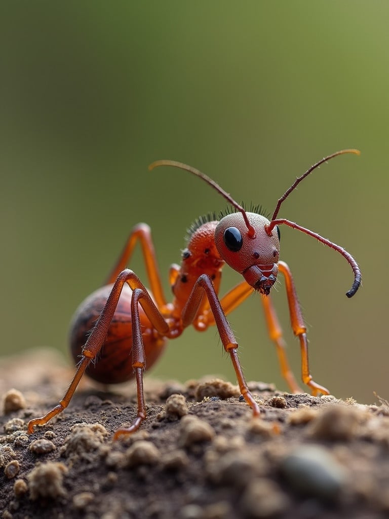 Close-up photograph of a red ant on soil. The ant has a shiny appearance with visible details of its body and antennae.