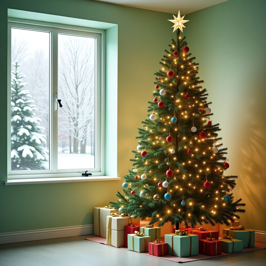 Decorated Christmas tree in cozy light green room. Ornaments twinkling lights shining star on top. Wrapped gifts beside tree. Window shows snowy landscape. Soft lighting creates warm inviting atmosphere for holidays.