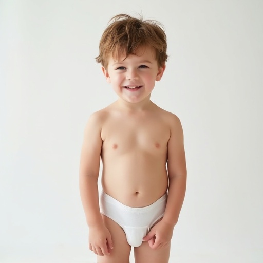 Full body image of a cute little 6-year-old boy wearing white brief underwear. Simple background with soft lighting and neutral colors.