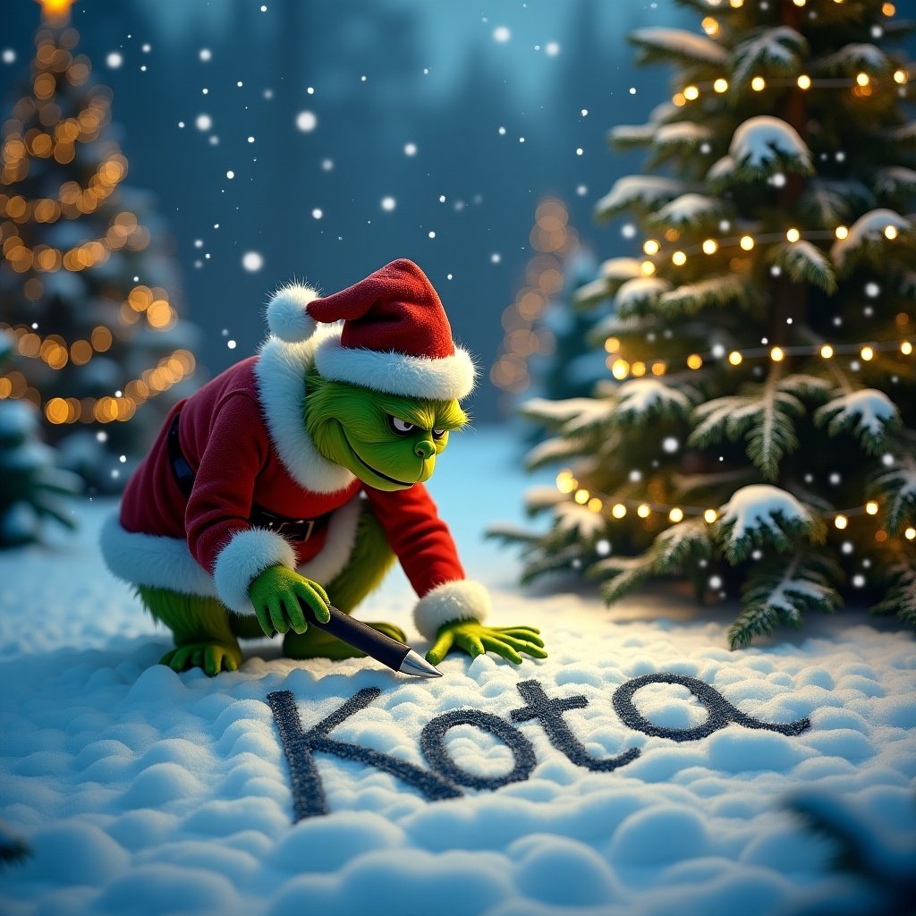 The Grinch in a Santa outfit writes the name Kota in the snow. Surrounding Christmas trees are lit with twinkling lights and snow is gently falling.