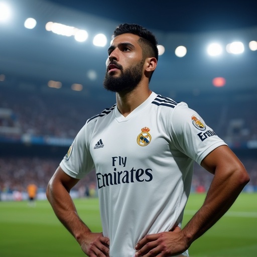 Lamine Yamal wearing a Real Madrid jersey in a stadium setting