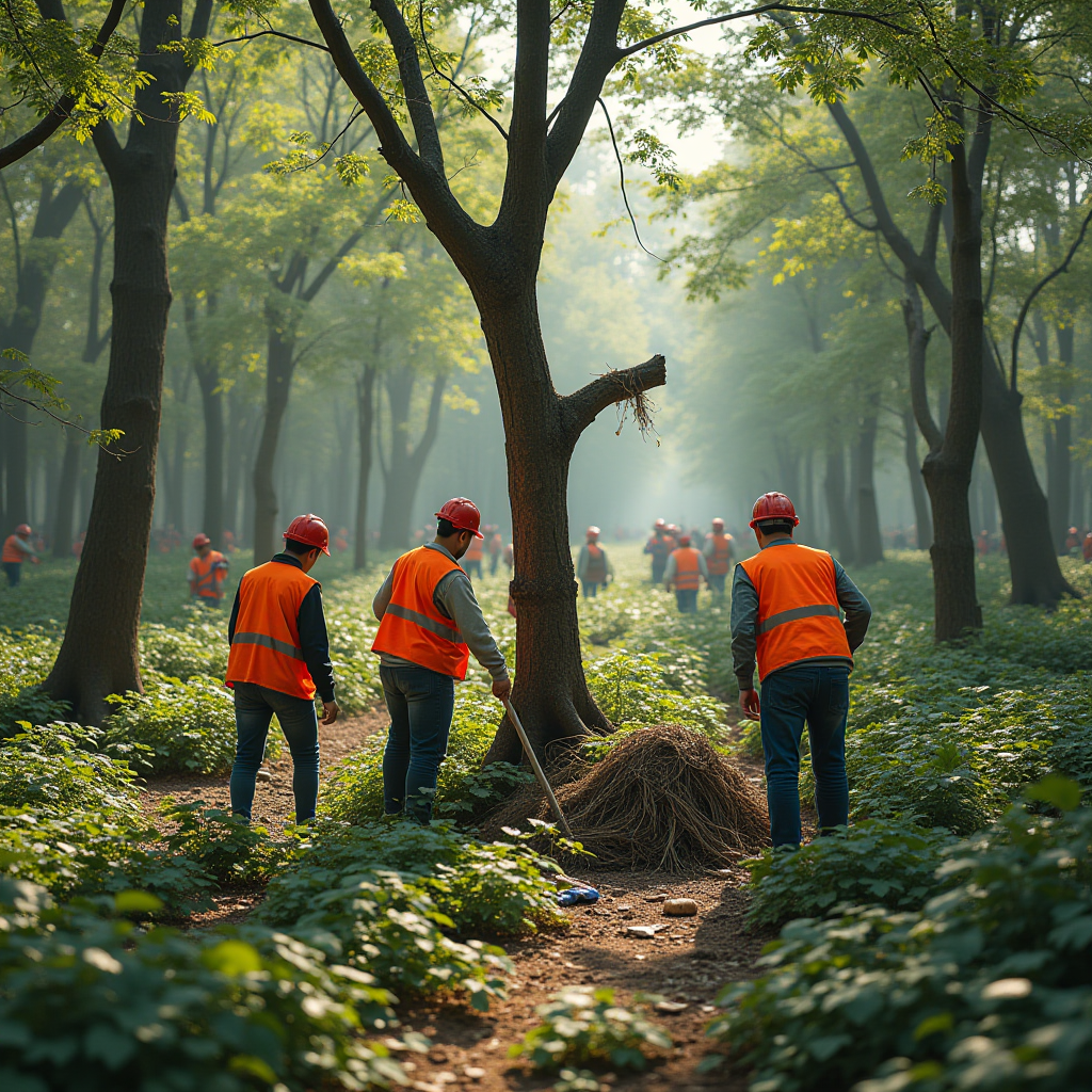 Workers in bright vests clean up a forest, surrounded by lush greenery and sunlight filtering through the trees.