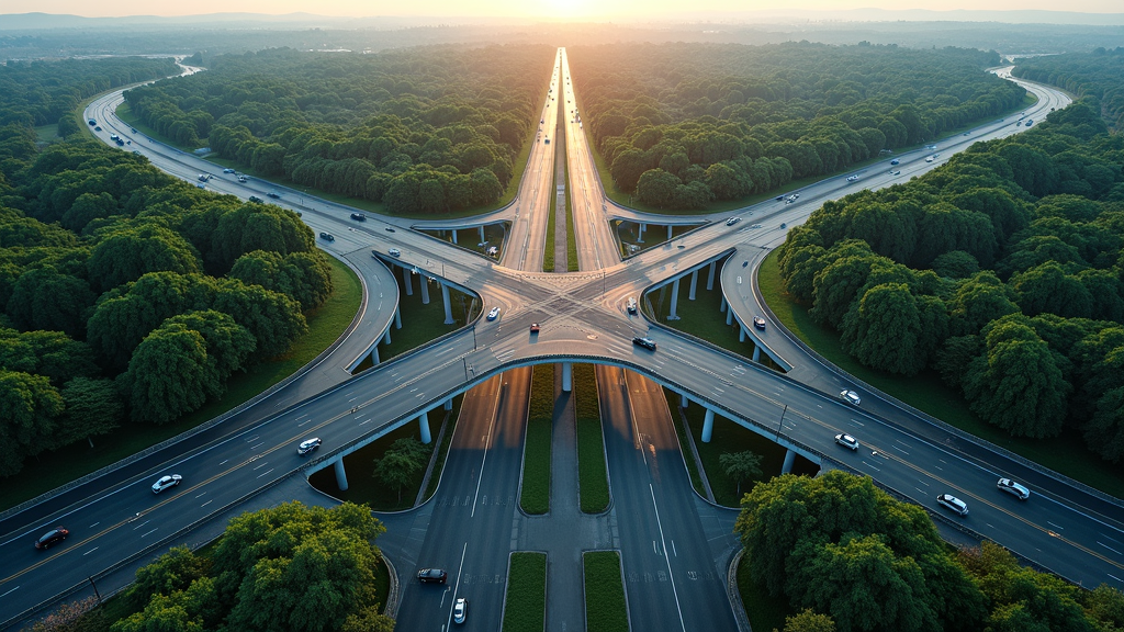 A stunning aerial view of a symmetrical highway interchange set amidst lush green forests, bathed in the golden glow of a sunrise.