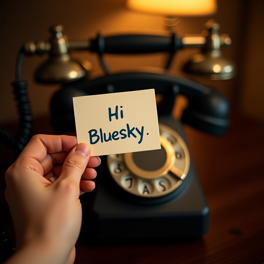 A hand holds a note that says 'Hi Bluesky.' In the background, there's a vintage telephone with a classic design. The setting has soft, warm lighting from a nearby lamp, giving it an inviting and cozy feel. The focus is on the note while the telephone adds a nostalgic touch. This scene evokes feelings of communication and connection.