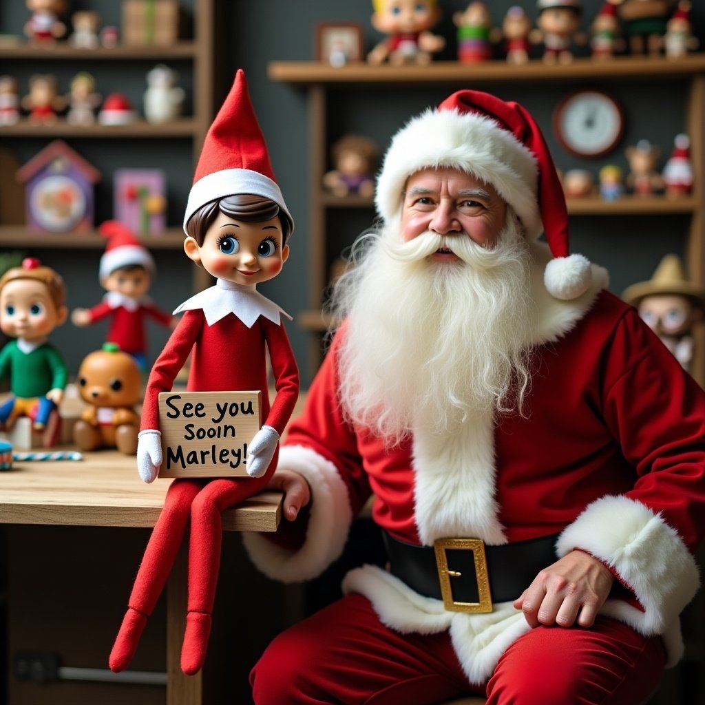 Elf character sitting with Santa in a cozy workshop. Holding a sign saying 'See you soon Marley!'. Background features Funko Pops and holiday toys.