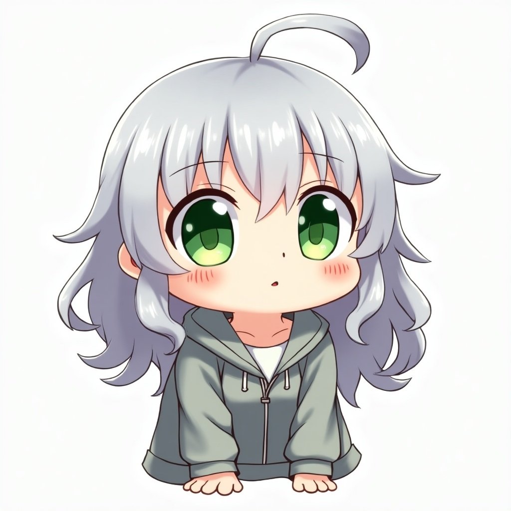 Cute chunky anime-style character sitting with silver hair and big green eyes. Character has a soft expression. Wearing a gray hoodie.