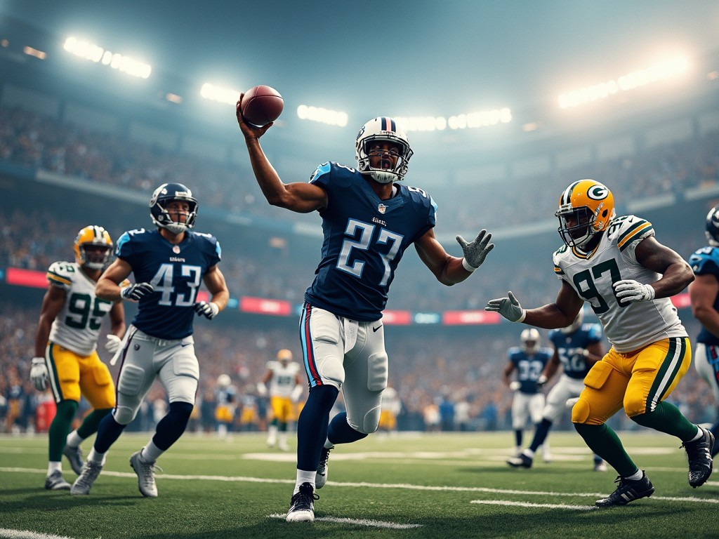 A dynamic action shot of an American football game with athletes in blue and green jerseys displaying skill and strategy on the field.