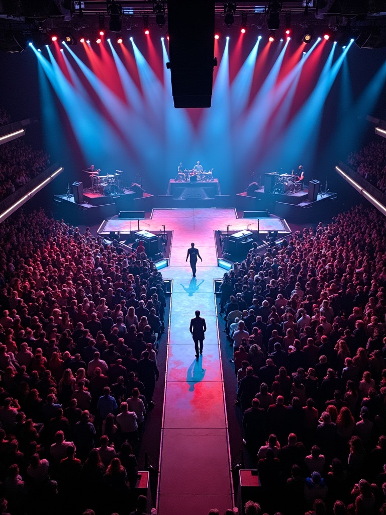 Concert event performance by Roddy Rich at Madison Square Garden. T-stage runway setup showcased. Aerial view captures vibrant stage lights and large crowd atmosphere.