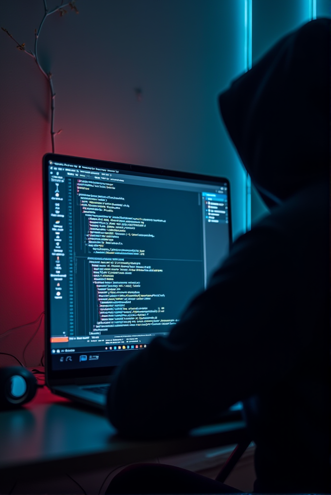 A person in a dark setting works on a computer displaying lines of code, illuminated by cool blue and warm red lights.