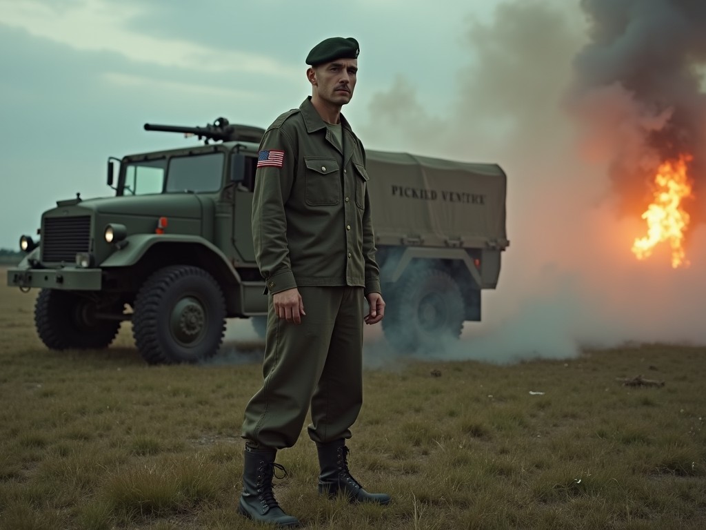 A man stands on grassy terrain, dressed in military attire complete with a beret. The background features a smoky scene with a large military vehicle. The vehicle has a painted text, partially visible. The atmosphere is tense and dramatic, resembling a wartime setting. The sky is cloudy with a fiery light illuminating the scene.