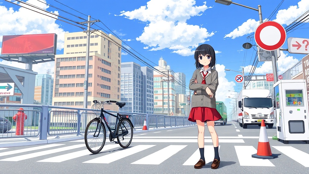 An anime-style girl stands confidently on a city street near a bicycle, amidst urban buildings and traffic signs.