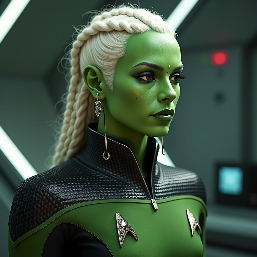 Portrait of a Spaceship Officer in full uniform. Light green skin, representing the Orion Race. Bright white hair tied in braids. Sci-fi theme and aesthetics.