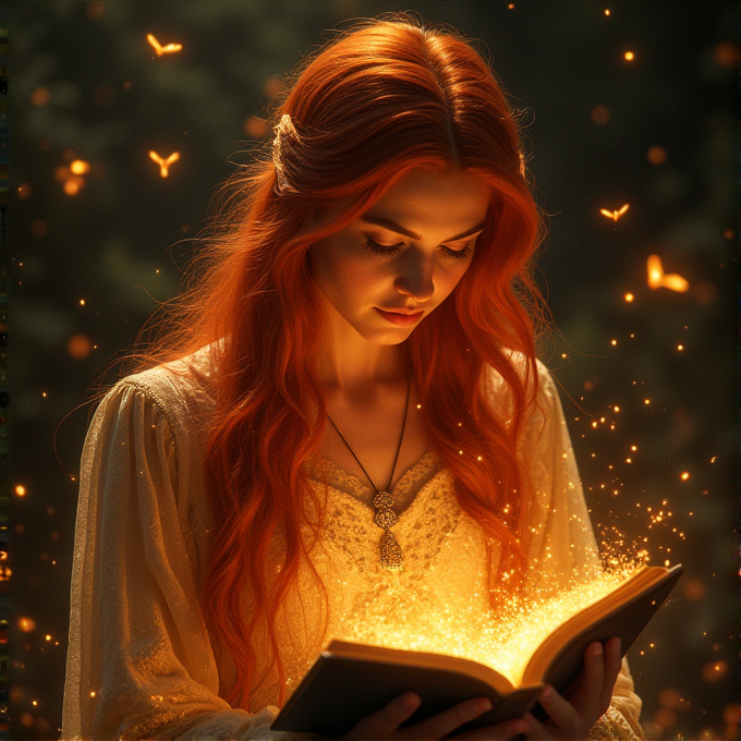 A woman with flowing red hair reads a magical book emitting glowing embers and surrounded by ethereal butterflies.