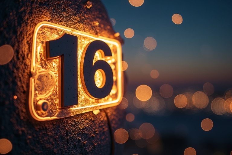 An illuminated number sign displays the number 16. The sign is softly glowing against a blurred evening background filled with bokeh lights. The ambiance is warm and inviting. Focus on the number and soft lighting.