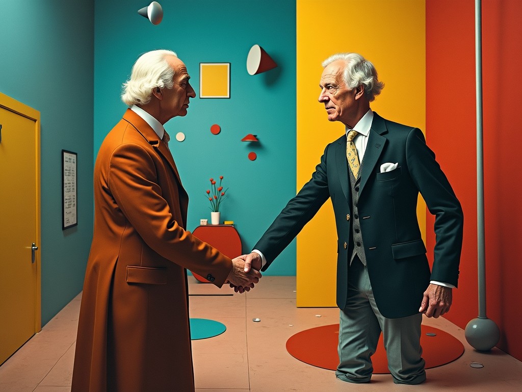 The image depicts two well-dressed men engaged in a handshake in a colorful room. The scene is filled with vibrant geometric shapes and a mixture of bright colors. One man wears a long orange coat, while the other is dressed in a classic dark suit with a waistcoat. The background features turquoise and orange walls with artistic elements like circles and rectangles. This creative setting evokes a modern artistic vibe, suggesting a meeting of innovative ideas.