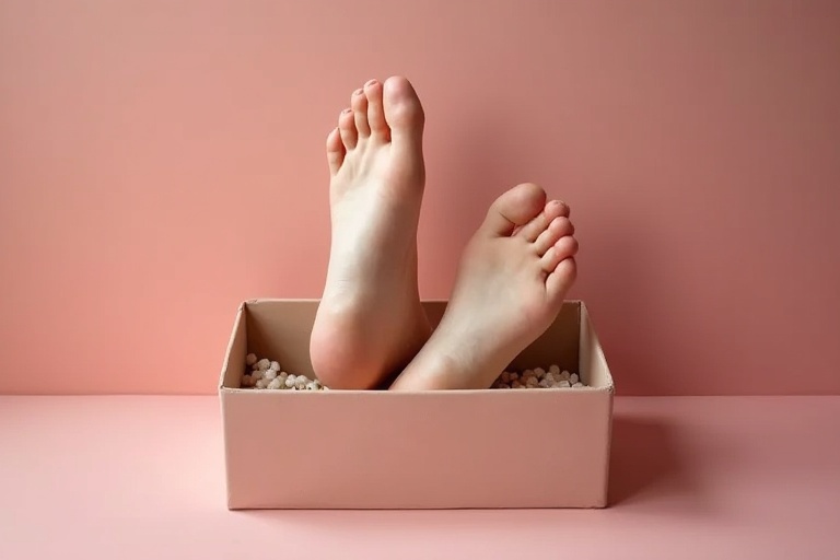 Female feet positioned in a box on a soft pink background. The feet are relaxed and slightly apart. The box contains small white decorative pebbles.