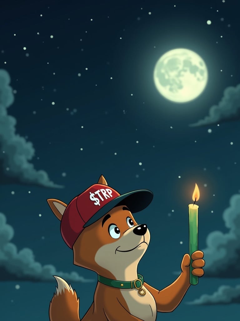 Animated character of a Shiba dog wearing a red baseball cap called $TRP. Character holds a green candle. Bright moon shines in a dark cloudy sky full of stars. The scene is whimsical and vibrant.