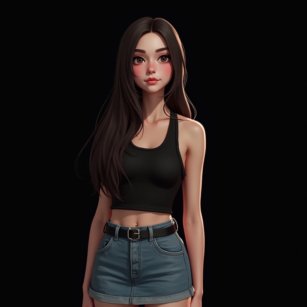 Digital girl character illustration. Long straight hair. Wearing a black crop top and a jean skirt. Black eyes and pale skin. Cute facial features. Set against a black background.